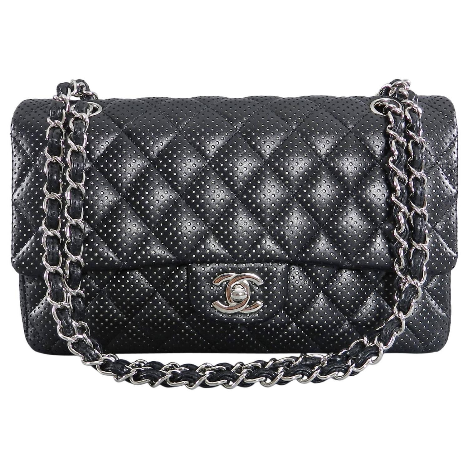 CHANEL Black Perforated Classic Flap Bag Purse Medium Silver Hardware at 1stdibs