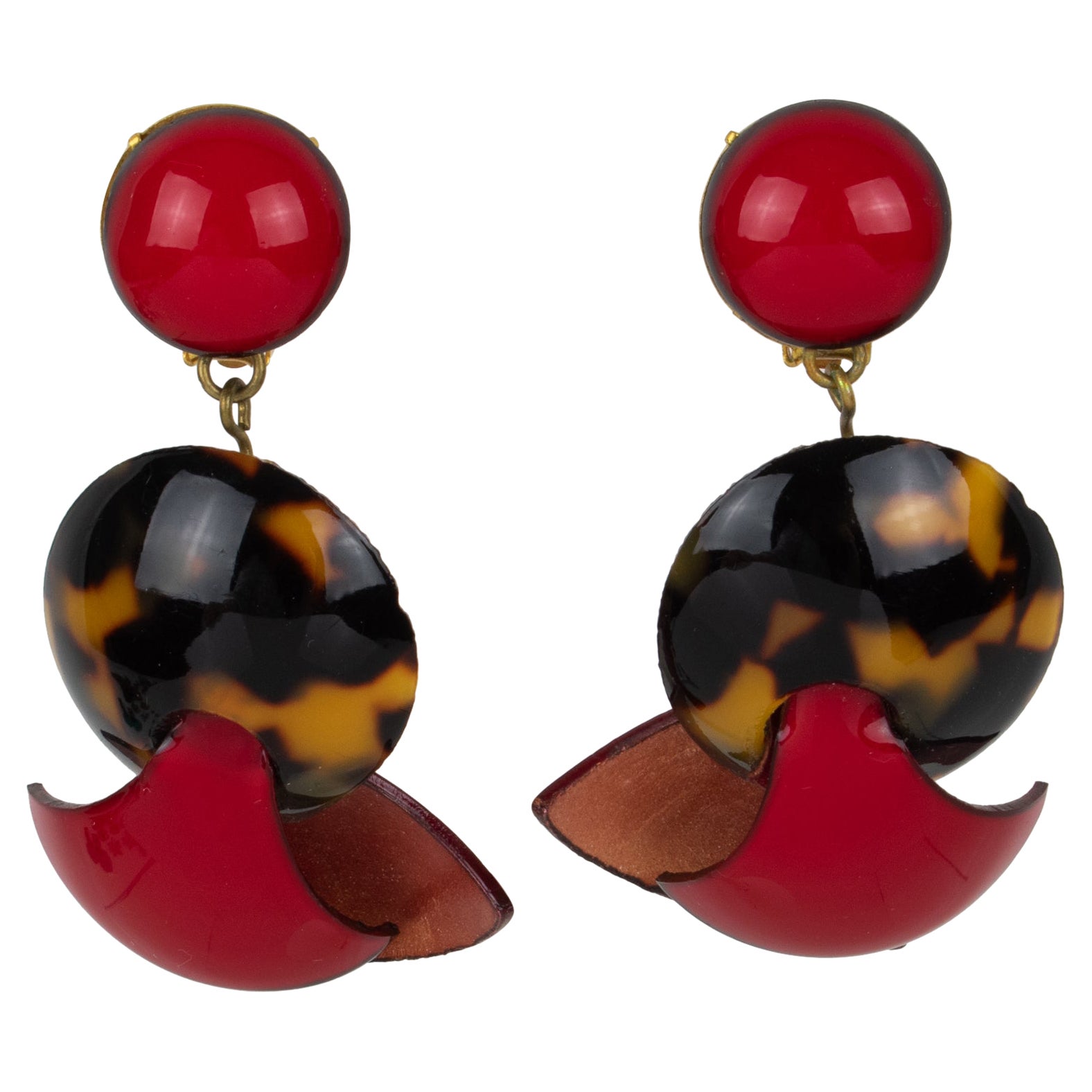 Cilea Paris Dangle Red and Tortoise Resin Clip Earrings For Sale