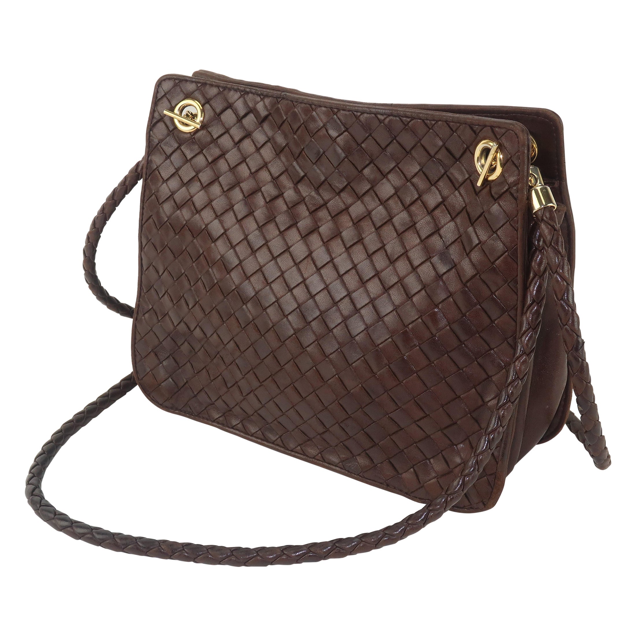 Bottega Veneta Brown Intrecciato Leather Shoulder Handbag, C.1980 For Sale  at 1stDibs