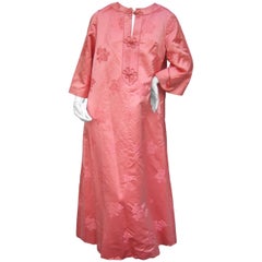 Vintage Luxurious Coral Pink Satin Damask Caftan Gown c 1970s