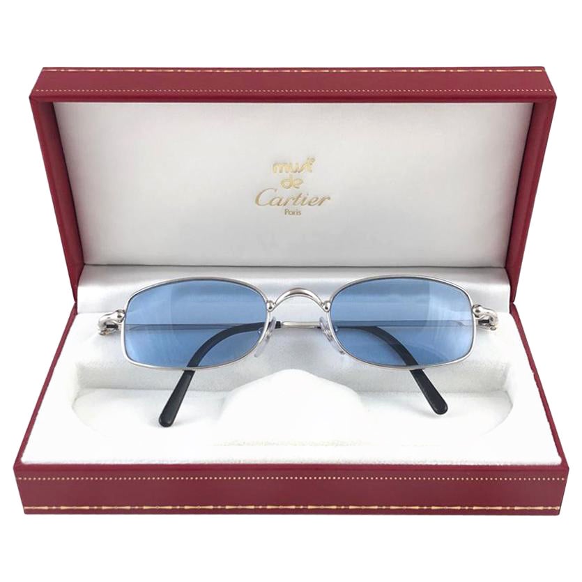 New Vintage Cartier Sasdir 51MM Platine Plated Blue Lens France 1990 Sunglasses For Sale