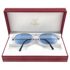 New Vintage Cartier Sasdir 51MM Platine Plated Blue Lens France 1990 Sunglasses