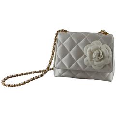 Chanel Shimmery White Quilted Silk Small Flap Handbag w/ camelia-GHW-97