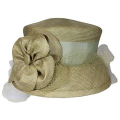 Suzanne Couture Millinery Light Olive Straw Hat with Ribbon, Flower, and Net 3