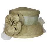 Suzanne Couture Millinery Light Olive Straw Hat with Ribbon, Flower, and Net