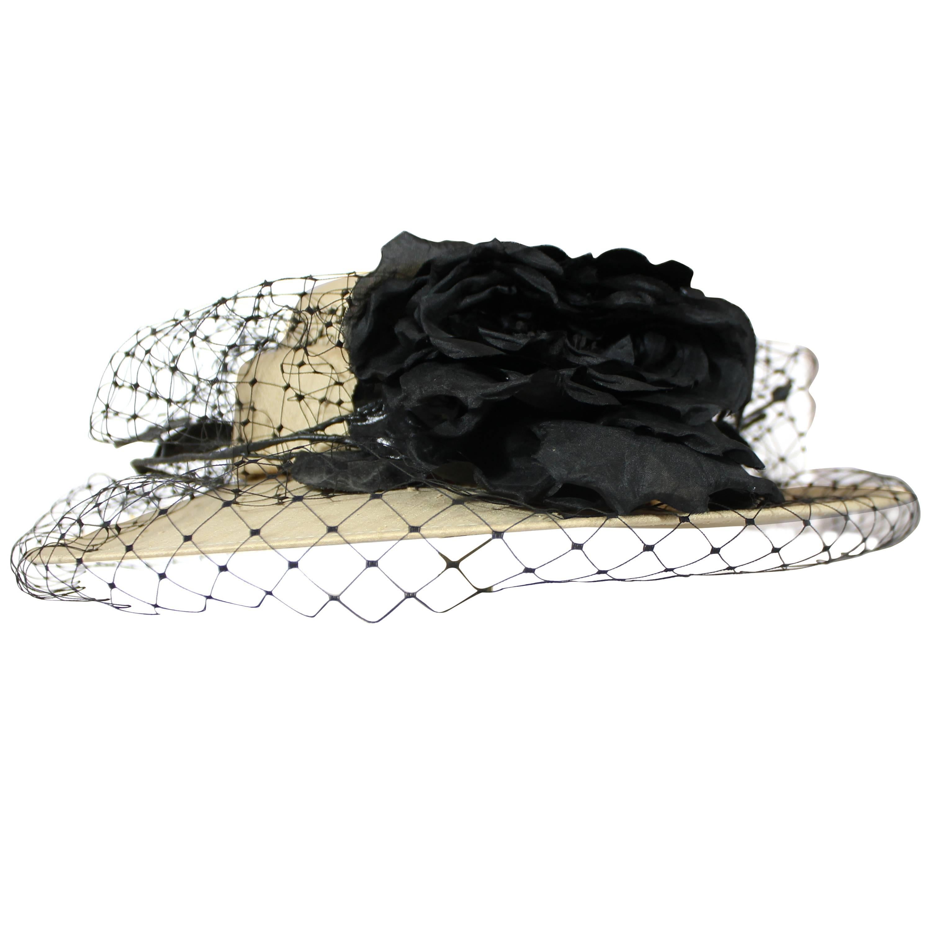 Suzanne Couture Millinery Beige Raw Silk Hat with Black Netting and Flower