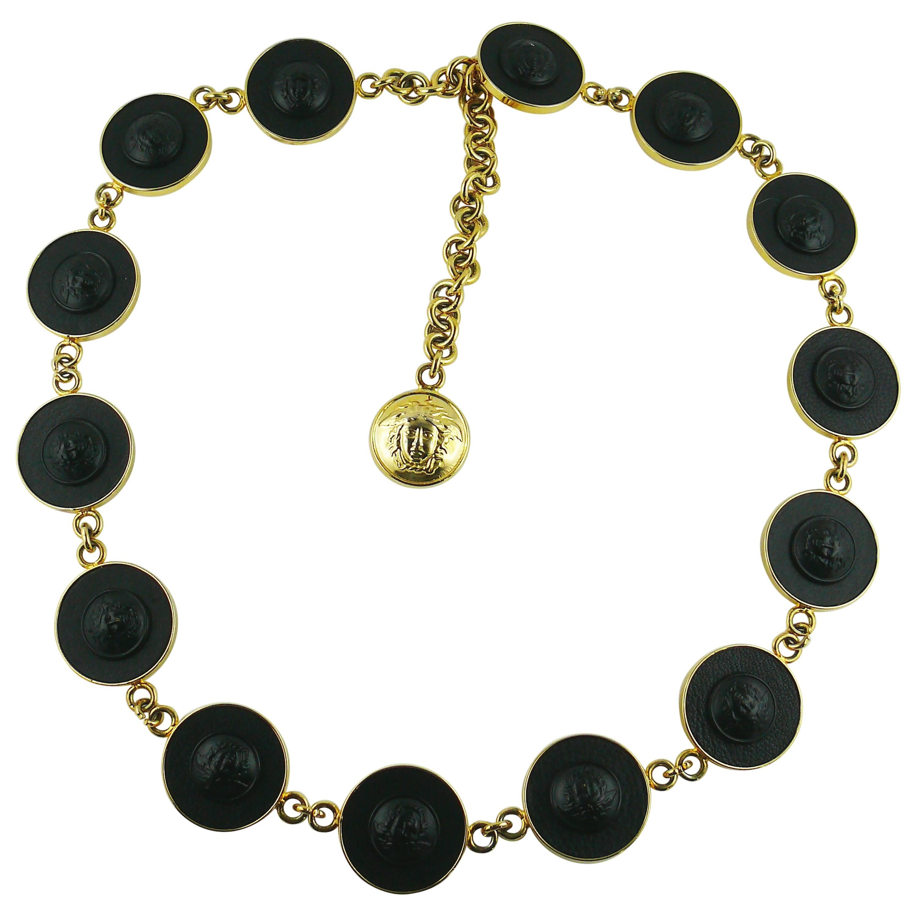 Gianni Versace Vintage Black Leather and Gold Tone Medusa Link Belt/Necklace