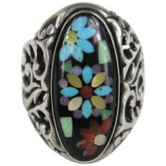 Large Unisex Vintage Inlaid Sterling silver ring Turqouise - Coral 7