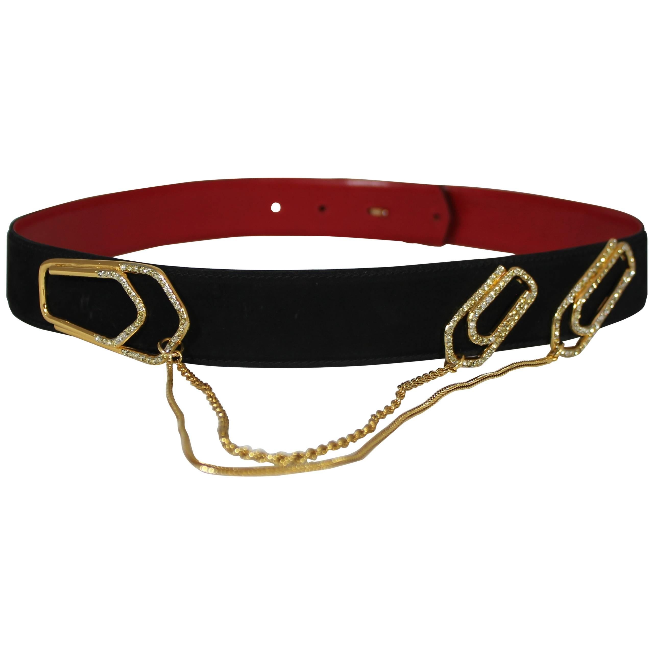 Valentino Couture Black Suede Belt with Gold Chains and Rhinestone Paperclips