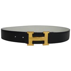 Hermes Navy/White Reversible Leather Belt with Gold "H" Buckle
