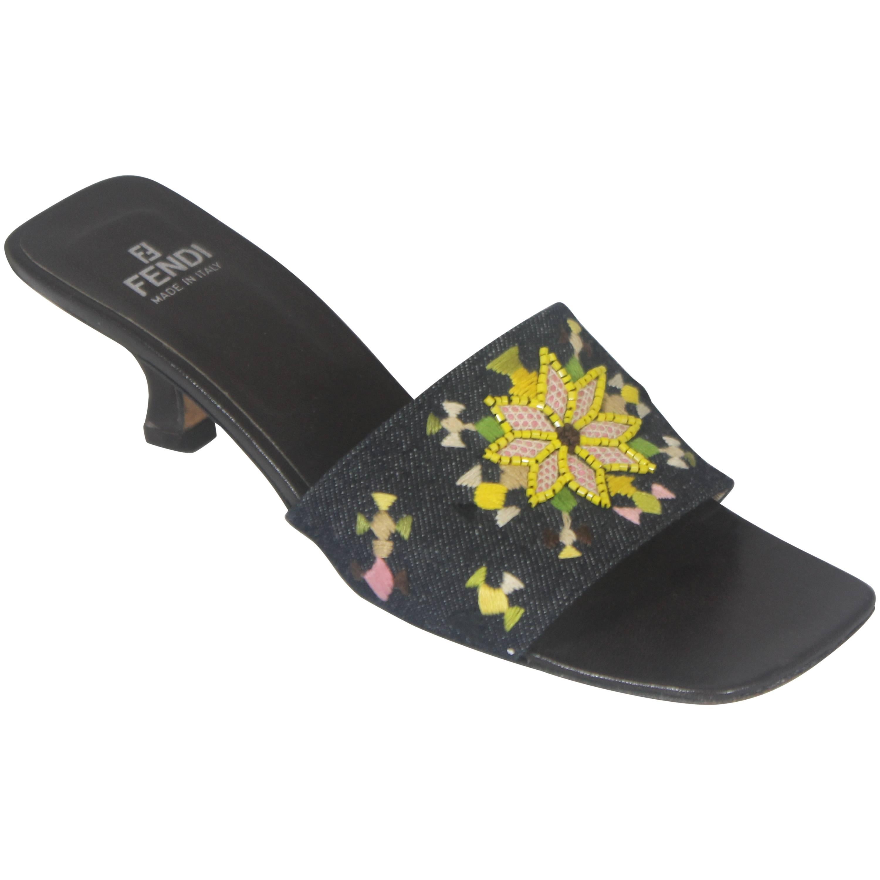 Fendi Denim Slides with Multi-Colored Embroidered and Beaded Design - 7M For Sale