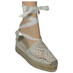 Ralph Lauren Collection White Crocheted Tie Up Espadrille Wedges - 6.5 6