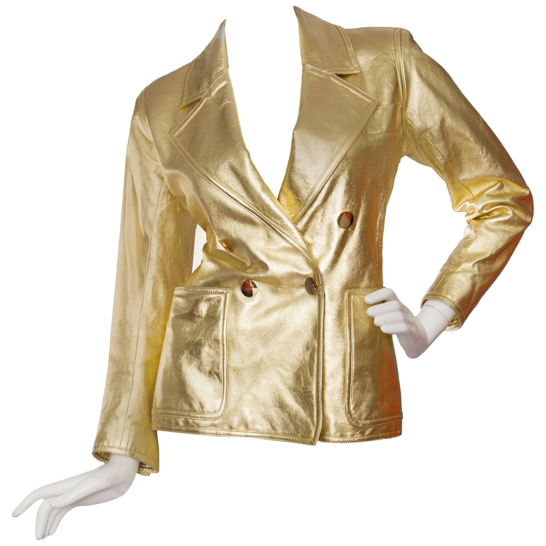 1992 Documented Yves Saint Laurent Double Breasted Gold Leather Jacket