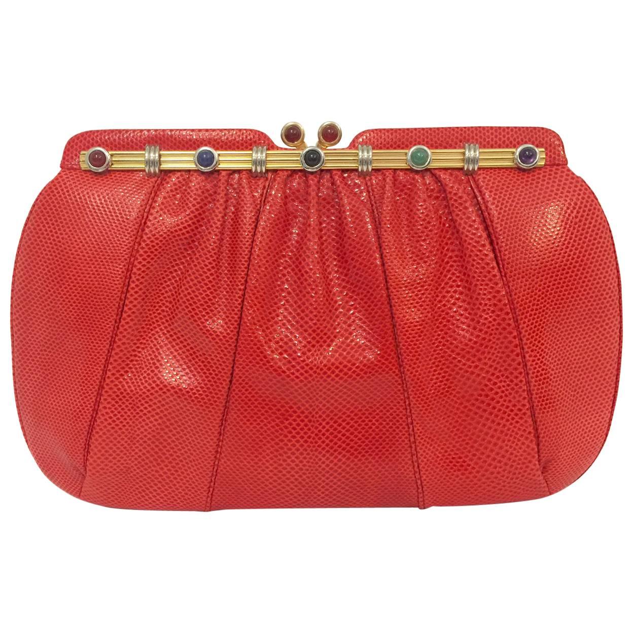 Vintage Red Lizard Judith Leiber Convertible Clutch With Semi Precious Jewels