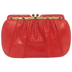 Vintage Red Lizard Judith Leiber Convertible Clutch With Semi Precious Jewels 2