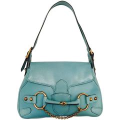 Gucci Textured Aqua Leather Shoulder Flap Bag W. Large Brass and Leather Bit 
