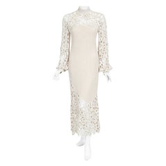 Retro 1980s Naeem Khan Riazee Beaded Ivory Silk Cut Out Billow-Sleeve Gown