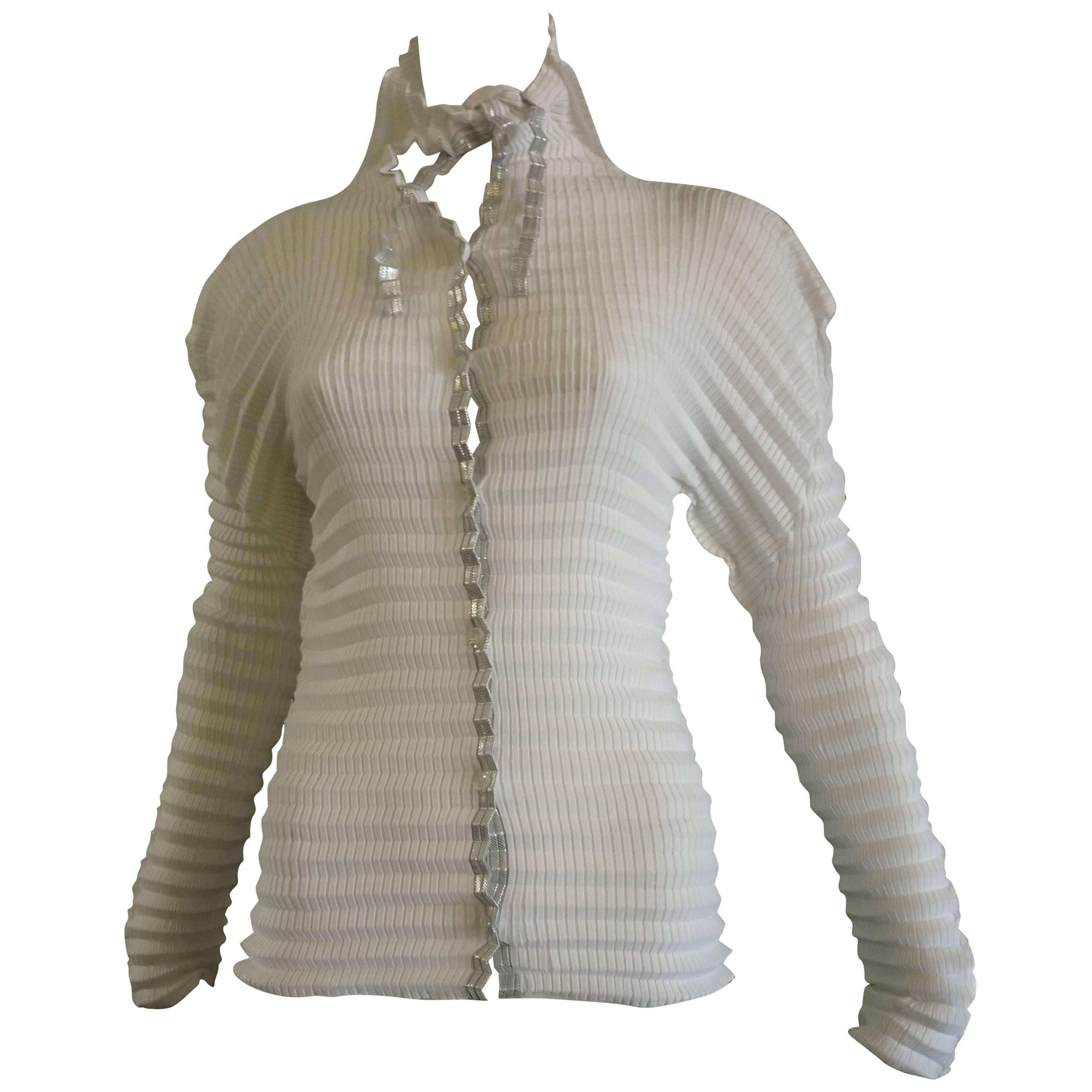 Issey Miyake White Blouse with Silver Trim 