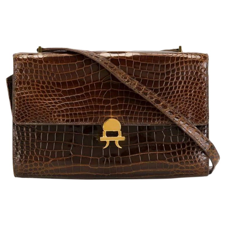 60s Hermès Vintage brown crocodile leather handbag with gold-tone metal hardware For Sale