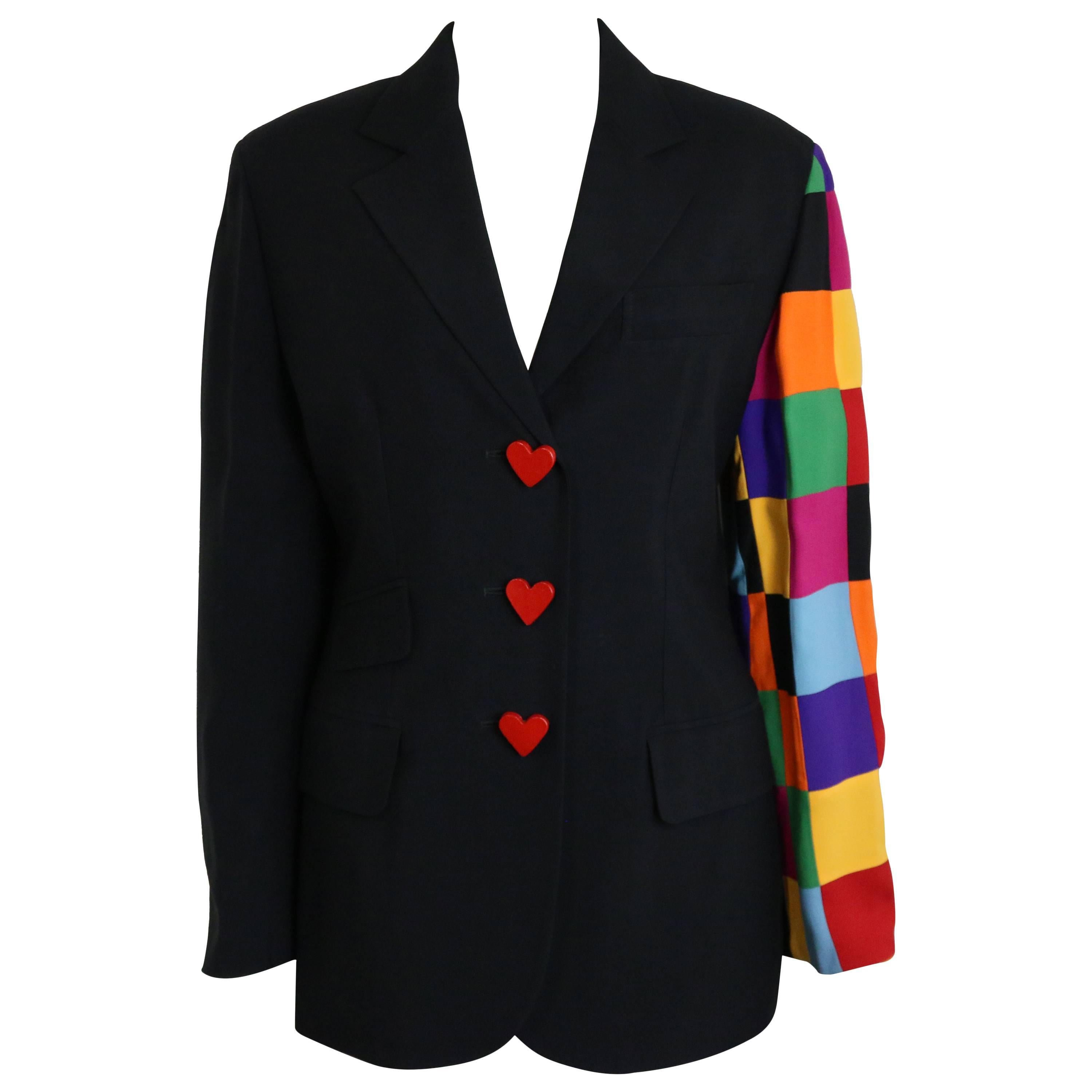 90s Moschino Couture Black With Multicolour Patchwork Sleeve Jacket For Sale