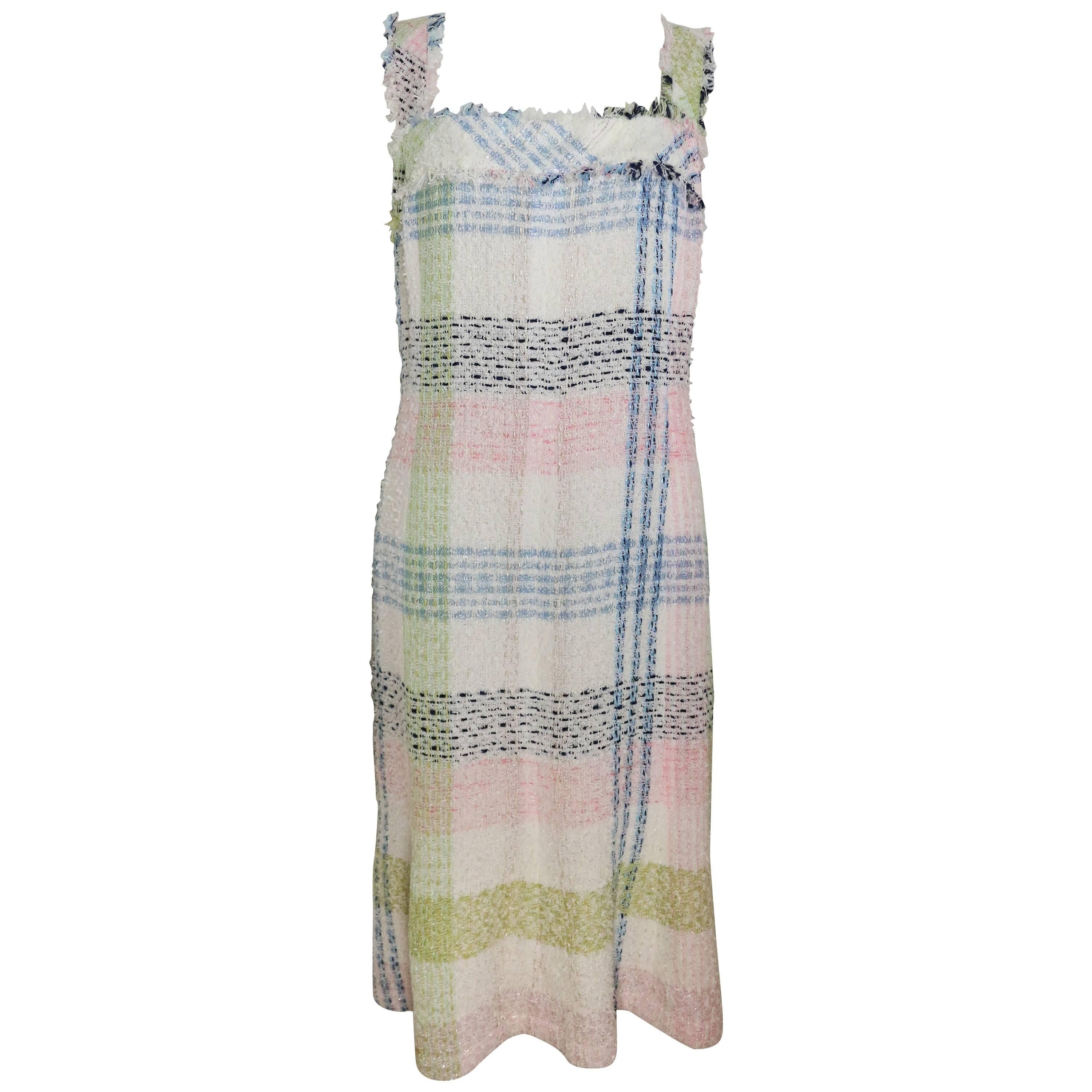 Chanel White Multicolour Plaid Tweed Fringe Sleeves Shift Dress  For Sale