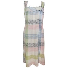 Chanel White Multicolour Plaid Tweed Fringe Sleeves Shift Dress