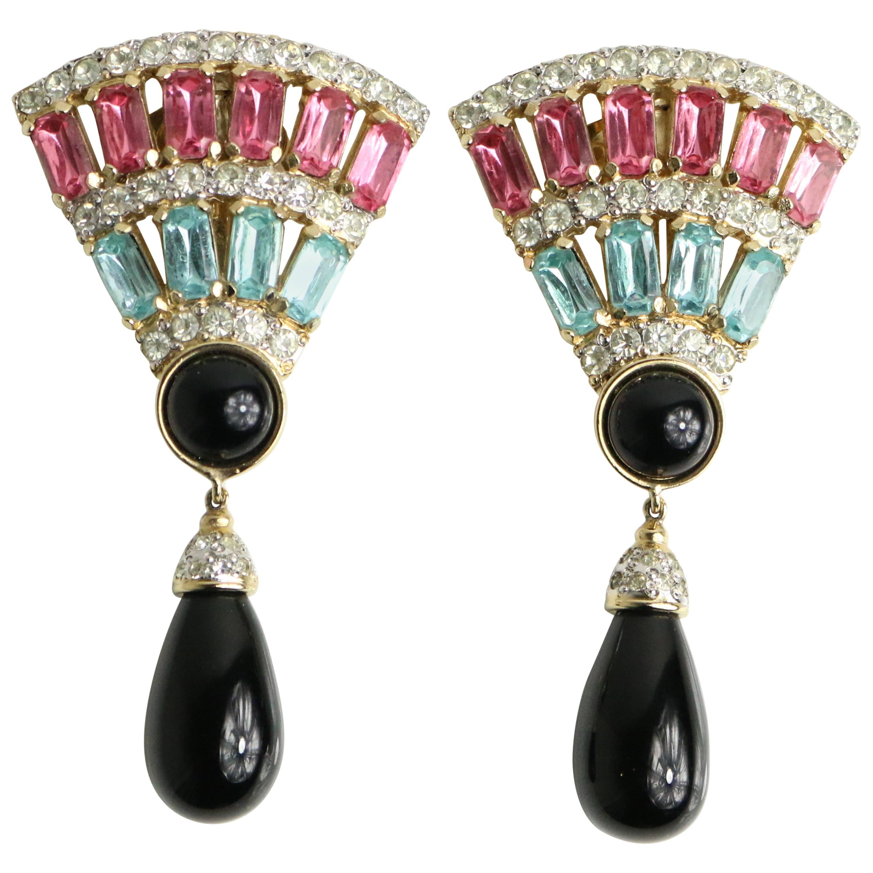 Valentino Vintage Gold Tone Turquoise / Pink Rhinestone Drop Clip on Earrings For Sale