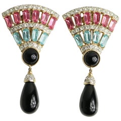 Valentino Vintage Gold Tone Turquoise / Pink Rhinestone Drop Clip on Earrings