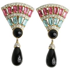 Vintage Valentino Gold Tone Turquoise/Pink Rhinestone Drop Clip on Earrings 6