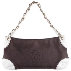 CHANEL Brown Canvas & White Leather SHOULDER BAG Purse TOTE w/ CC LOGO 10