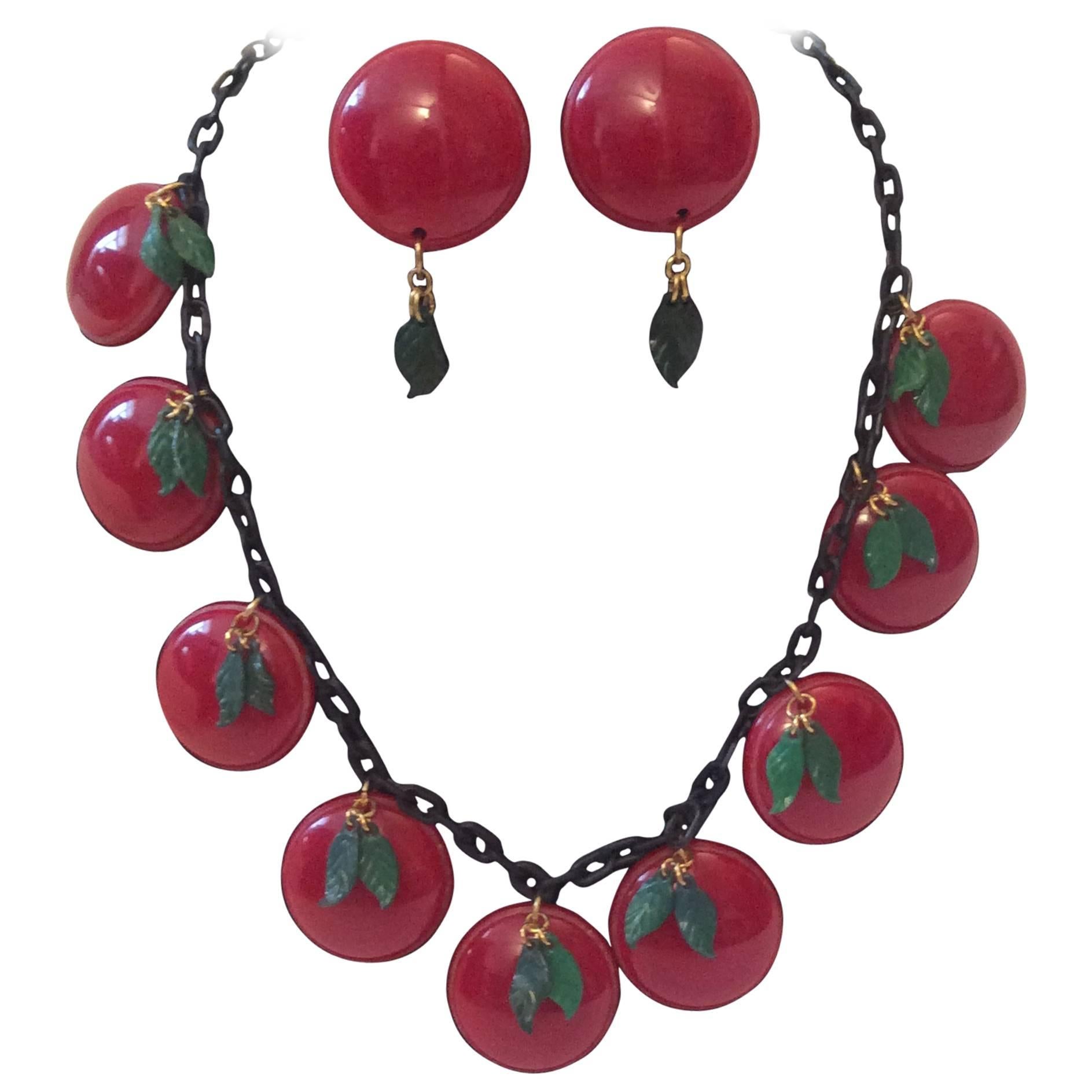  Bakelite Necklace Cherry with Matching Earrings For Sale
