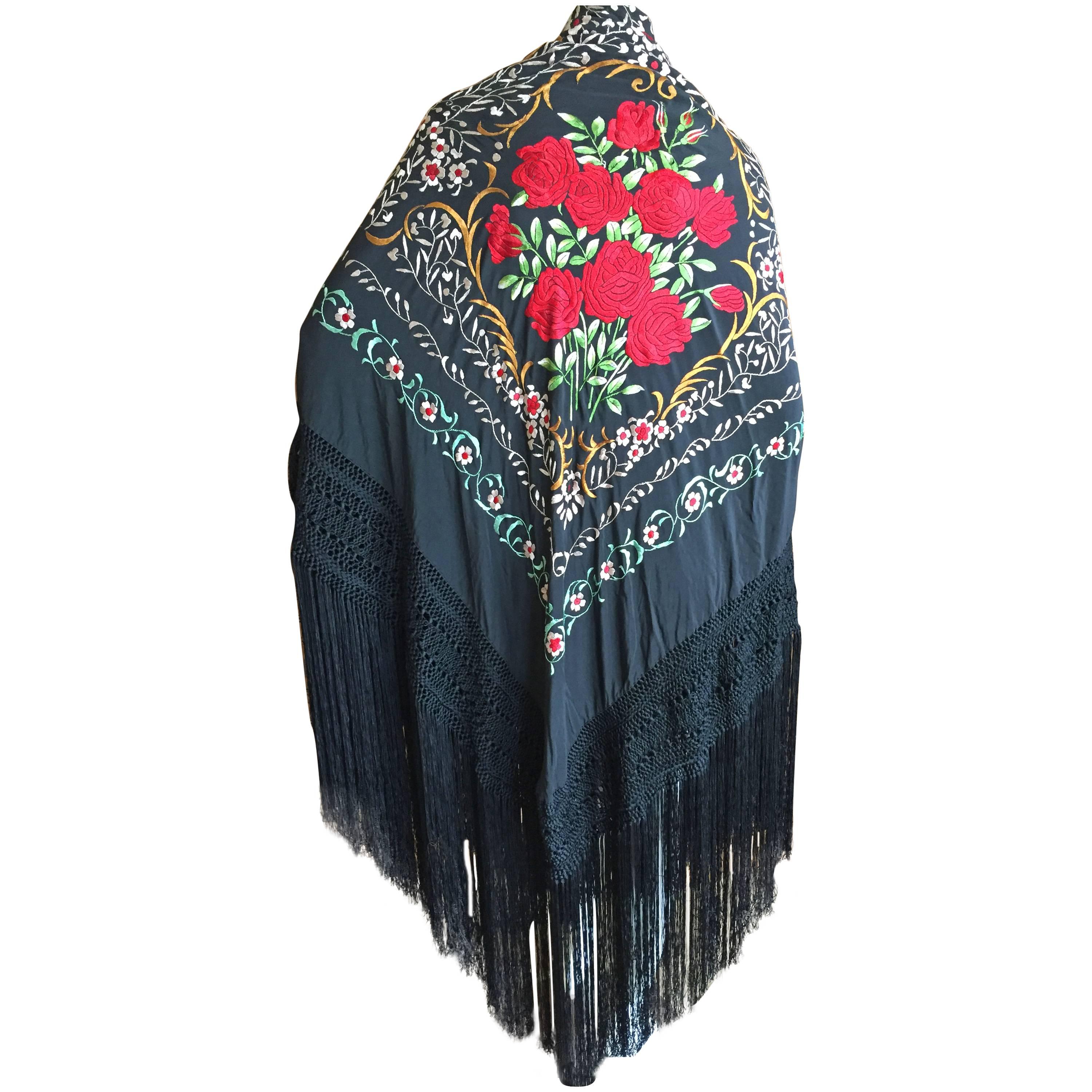 Exquisite Embroidered Roses Antique Canton Fringe Piano Shawl For Sale