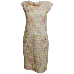 Vintage Chanel yellow, pink & cream tweed sleeveless shift dress 1998