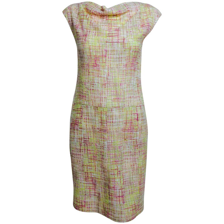 Vintage Chanel yellow, pink and cream tweed sleeveless shift dress 1998 at  1stDibs