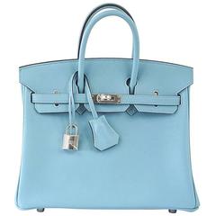 HERMES BIRKIN 25 Bag Blue St Cyr Swift Palladium Gorgeous Sky Blue