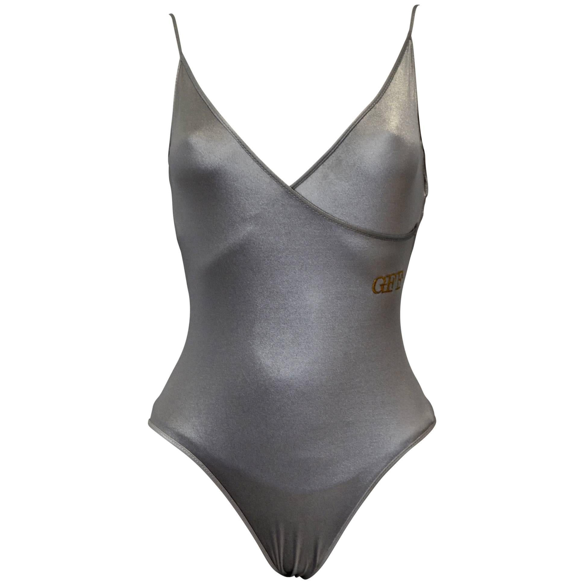 Stunning Silver Gianfranco Ferre Gold Monogram Swimsuit For Sale