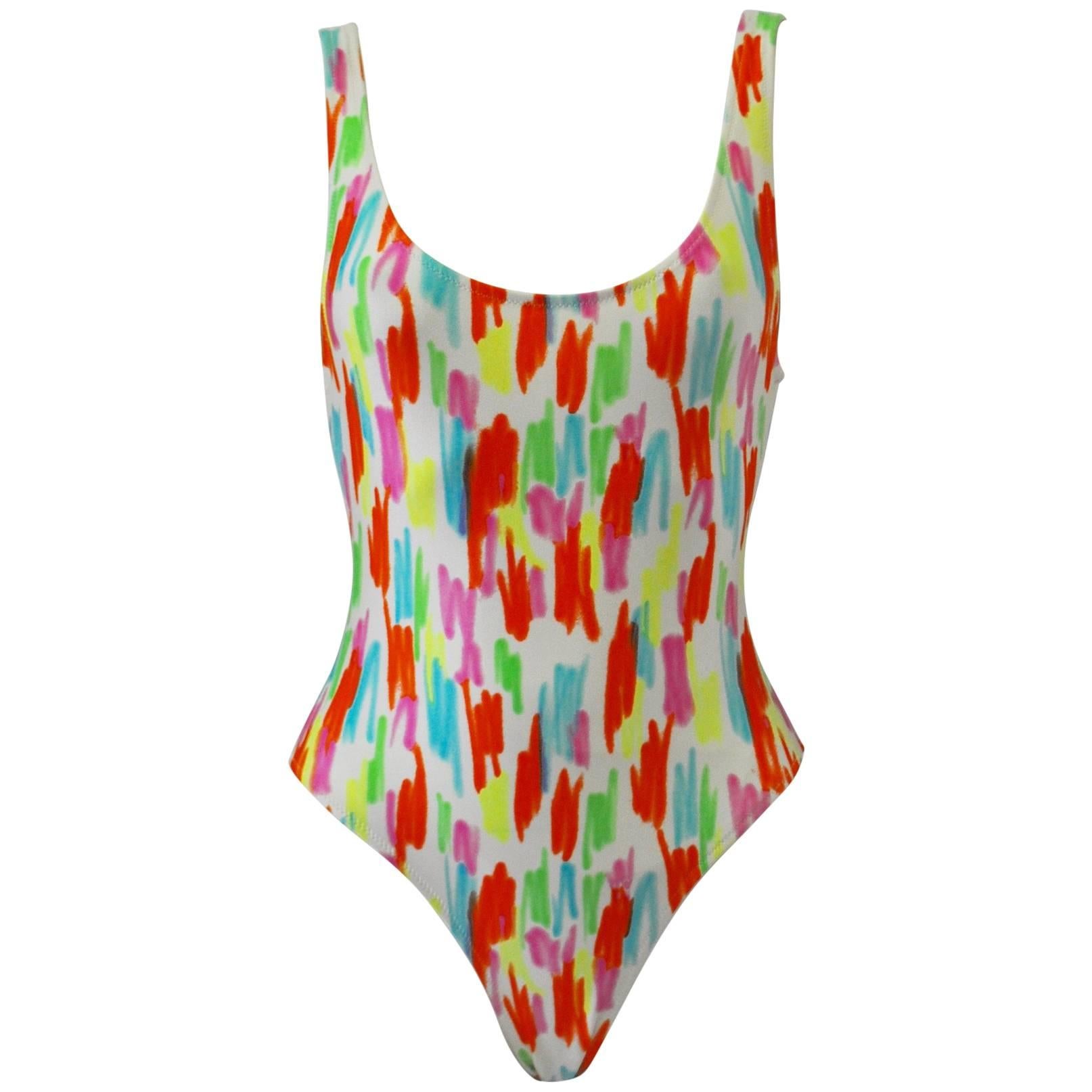 Extremely Rare Gianni Versace Mare White Neon Color Stroke Swimsuit For Sale