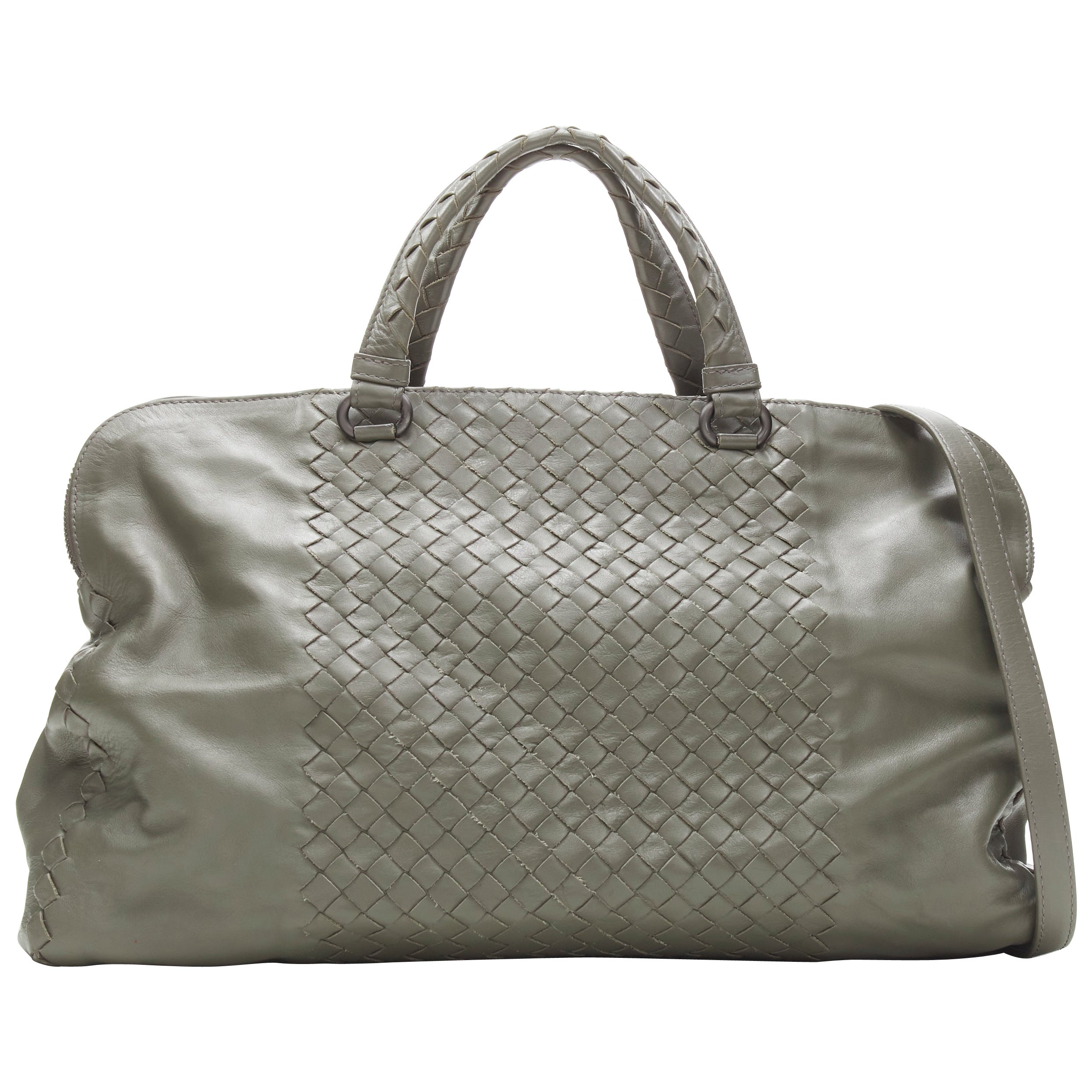 BOTTEGA VENETA grey Intrecciato woven leather zip trio compartment satchel bag
