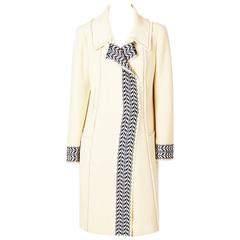 Chanel Ivory Wool Boucle Coat with Navy Blue Detail 