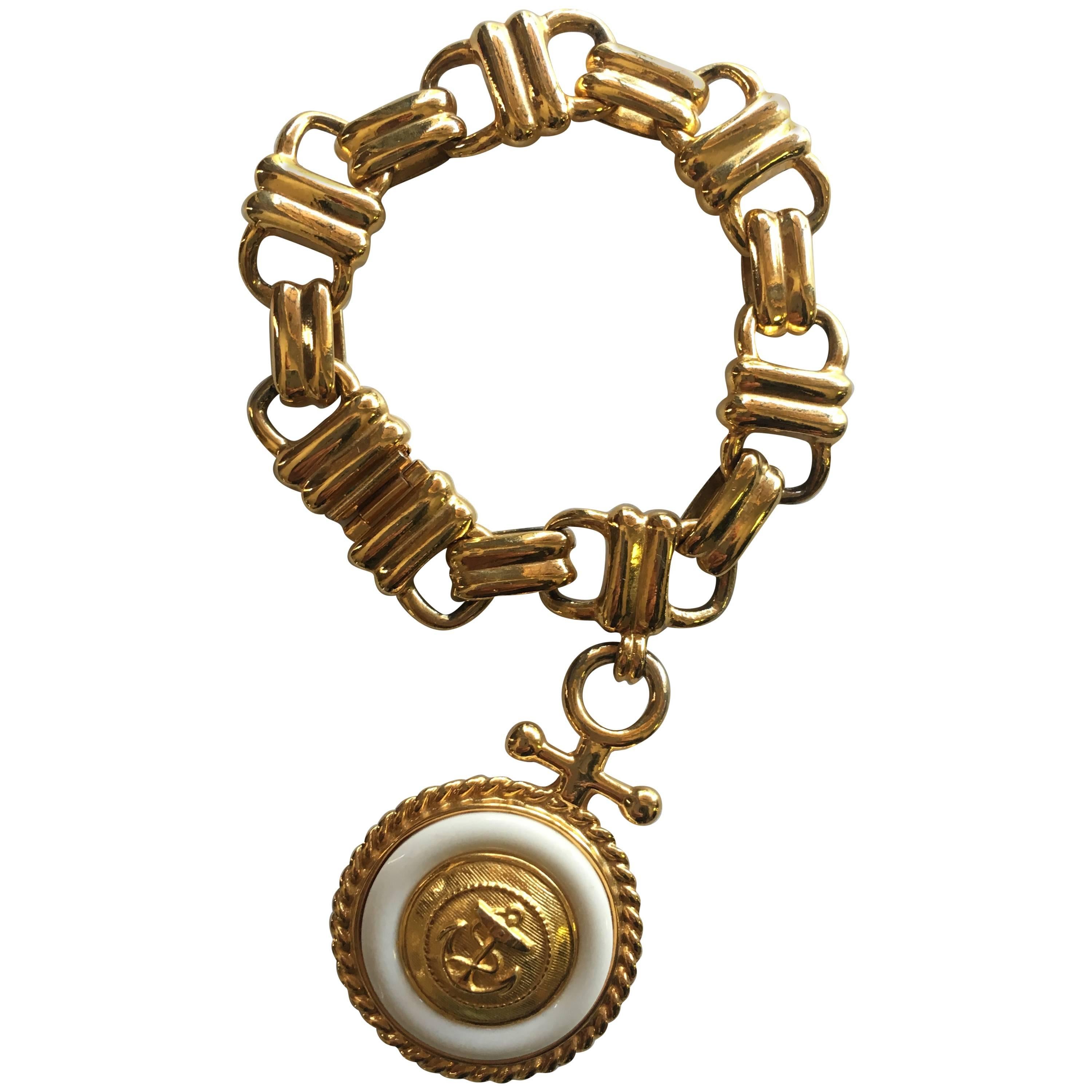 Gold link Bracelet with Medallion Anchor detail For Sale