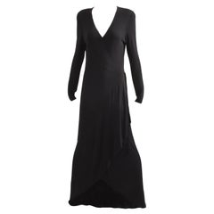 Jean Muir Dress Long Black Jersey Asymmetric Hem Plunge Neckline Vintage 