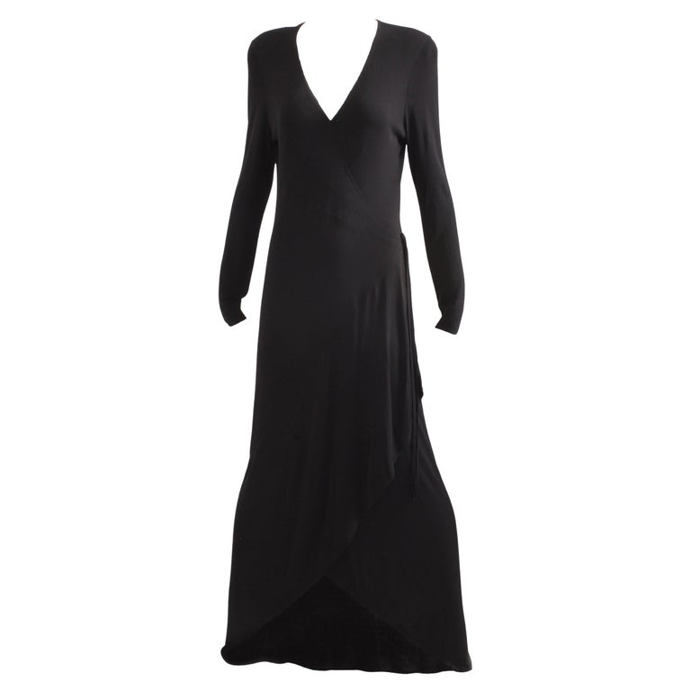 Jean Muir Dress Long Black Jersey Asymmetric Hem Plunge Neckline