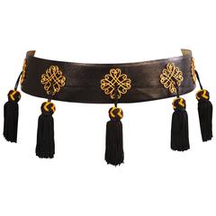 Isabel Canovas Black Leather Belt with Black and Gold Silk Tassels 1