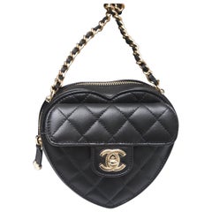 CHANEL Black Leather Quilted LOVE HEART Bag Clutch Lambskin Gold CC Chain NIB