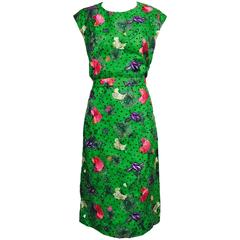 Vintage one off Custom Grass green embroidered silk organdy sheath dress 14 10