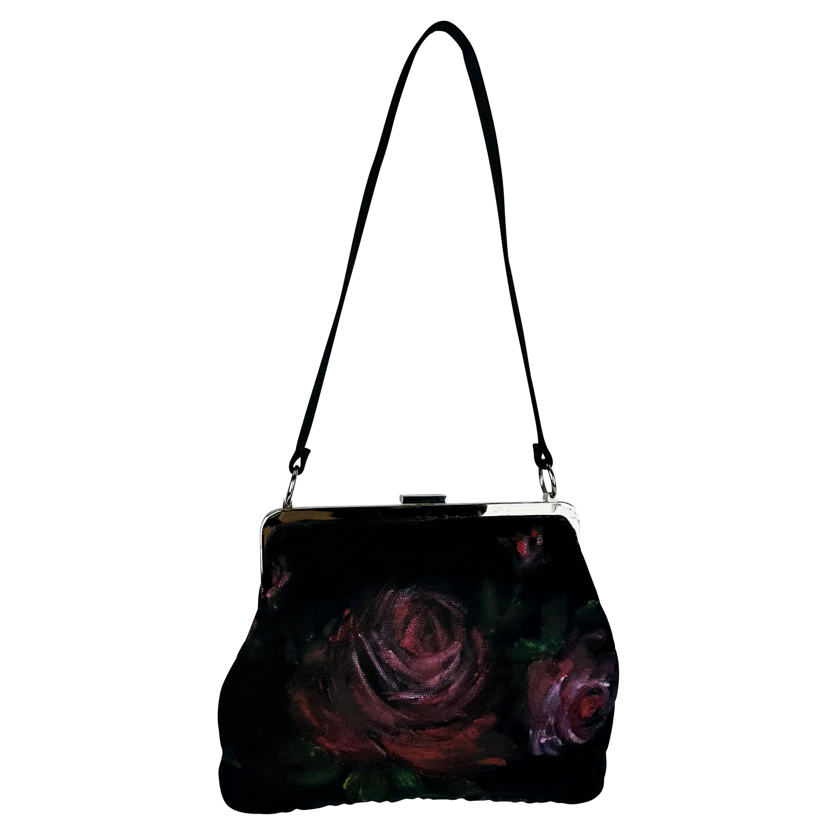 F/W 1998 Dolce & Gabbana Runway Hand Painted Red Rose Black Mesh Bag For Sale