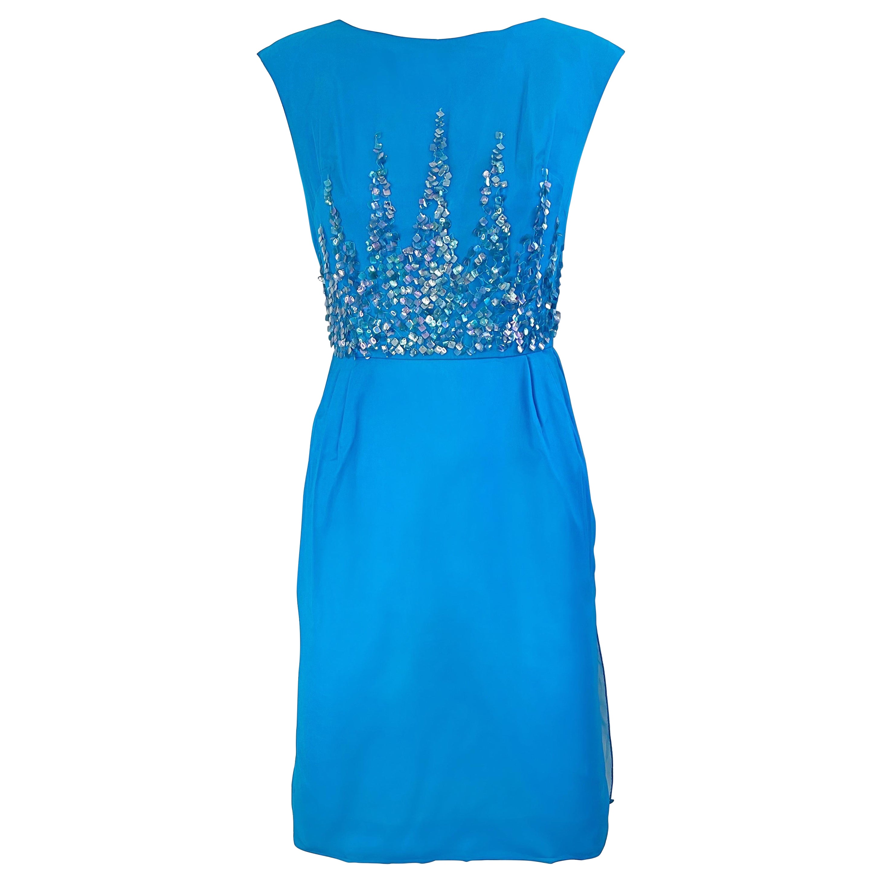1960s Demi Couture Turquoise Blue Silk Chiffon Paillette Sequin Vintage Dress For Sale