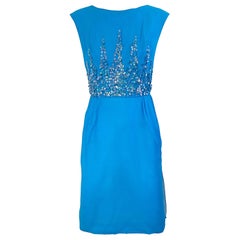 1960s Demi Couture Turquoise Blue Silk Chiffon Paillette Sequin Retro Dress