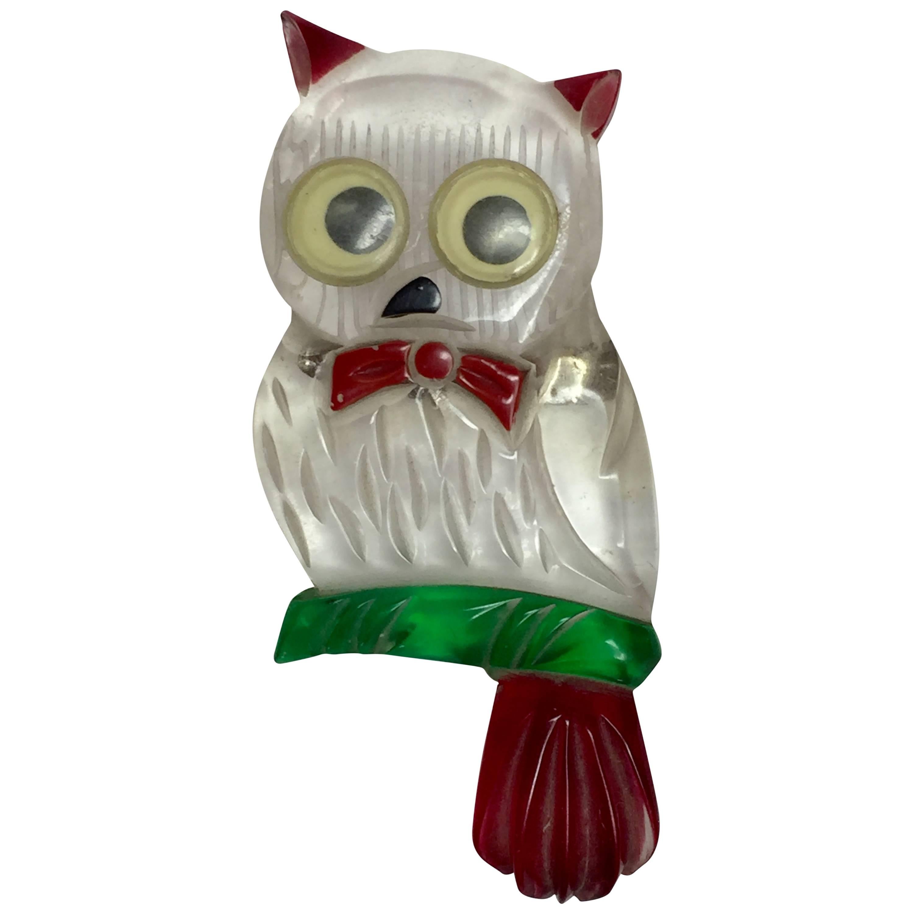 1940s Lucite Acrylic Figural OWL Pin Brooch Painted For Sale