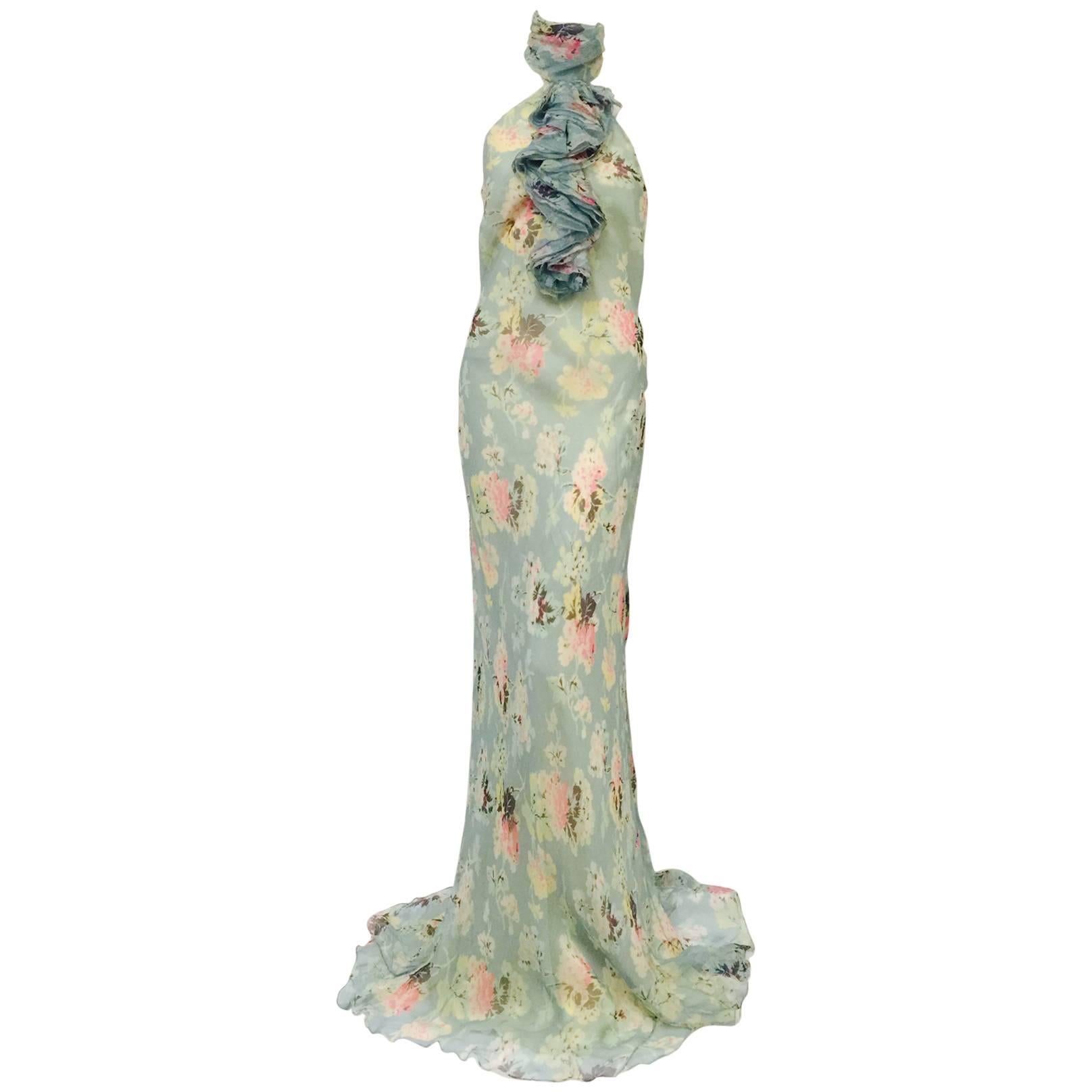 Ralph Lauren Collection Floral Print Silk Bias Cut Halter Dress With Ruffles  For Sale